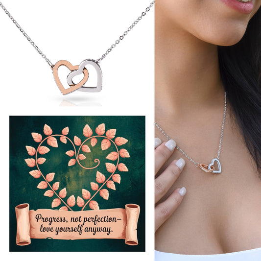 Progress, Not Perfection - Love Yourself Anyway: Interlocking Hearts Necklace - Mental Health Gift, Self-Love, Anxiety, PTSD Support