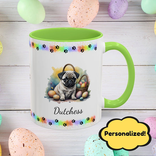 Pug: Personalized Easter Puppy Coffee Mug - Adorable Dog Design, Mental Health Gift, 11oz & 15oz, 12 Color Choices, Easter Gifts & Décor