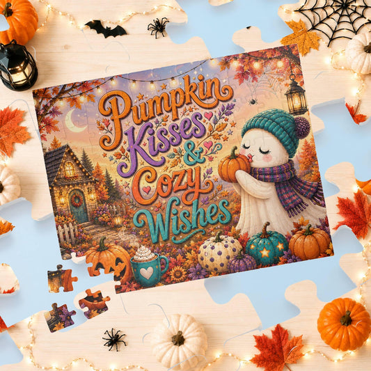 Pumpkin Kisses & Cozy Wishes Halloween puzzle with beanie ghost, pumpkins, and heart mug