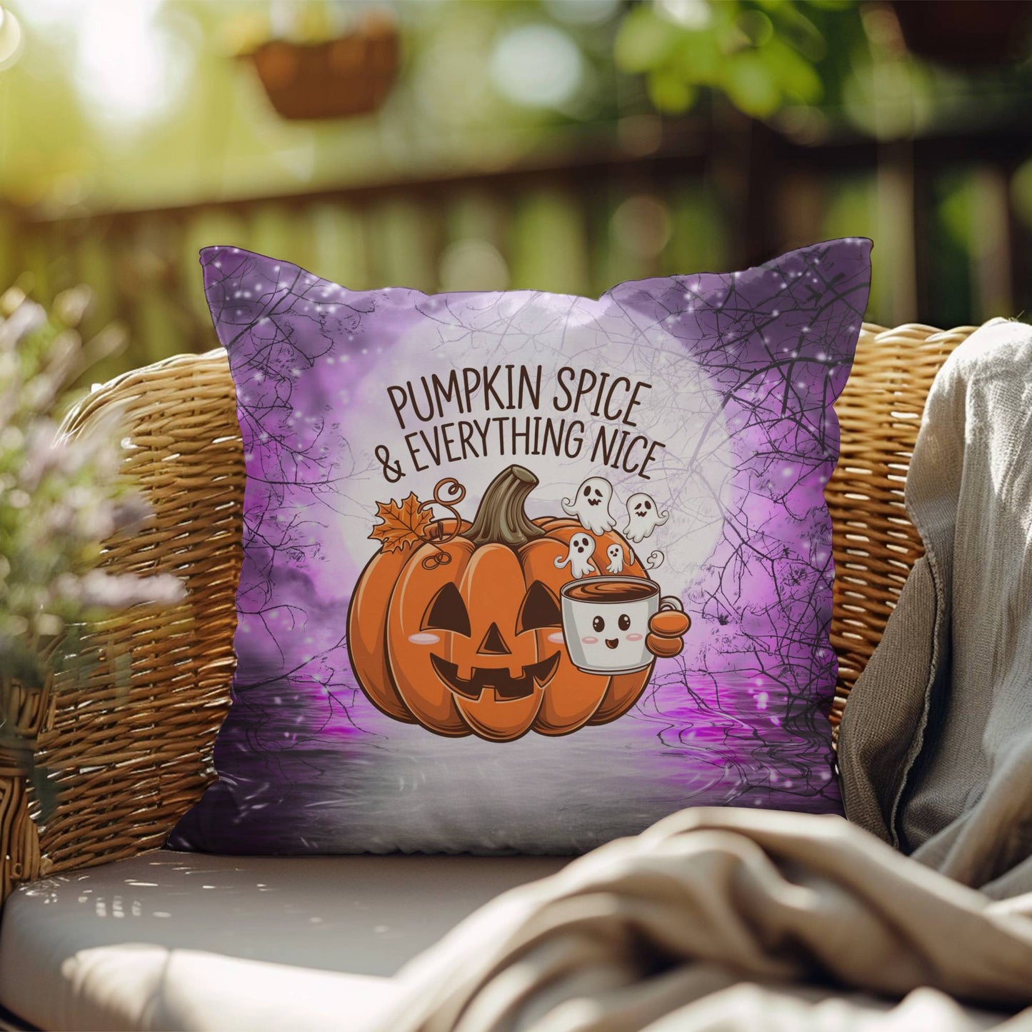 Halloween indoor/outdoor throw pillow with pumpkin spice theme for cozy fall décor