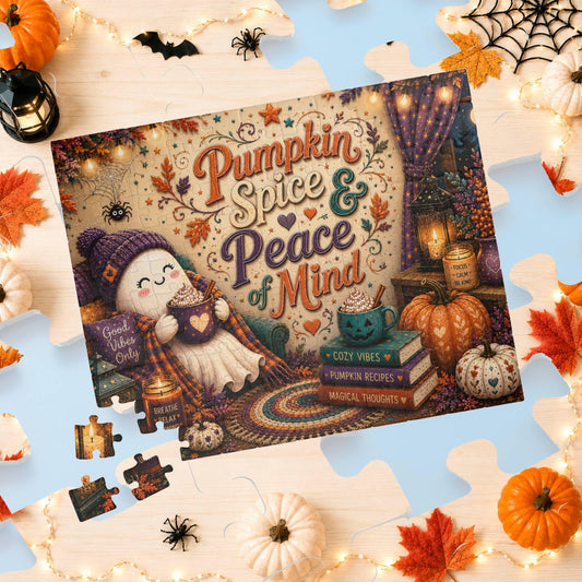 Pumpkin Spice and Peace of Mind Halloween puzzle with ghost, good vibes pillow, and recipe books