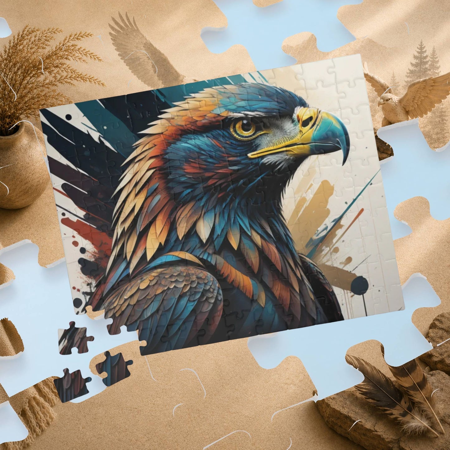 Raptor Resilience - Graffiti Mural Eagle Portrait Puzzle with Teal, Copper, and Dark Blue Feathers