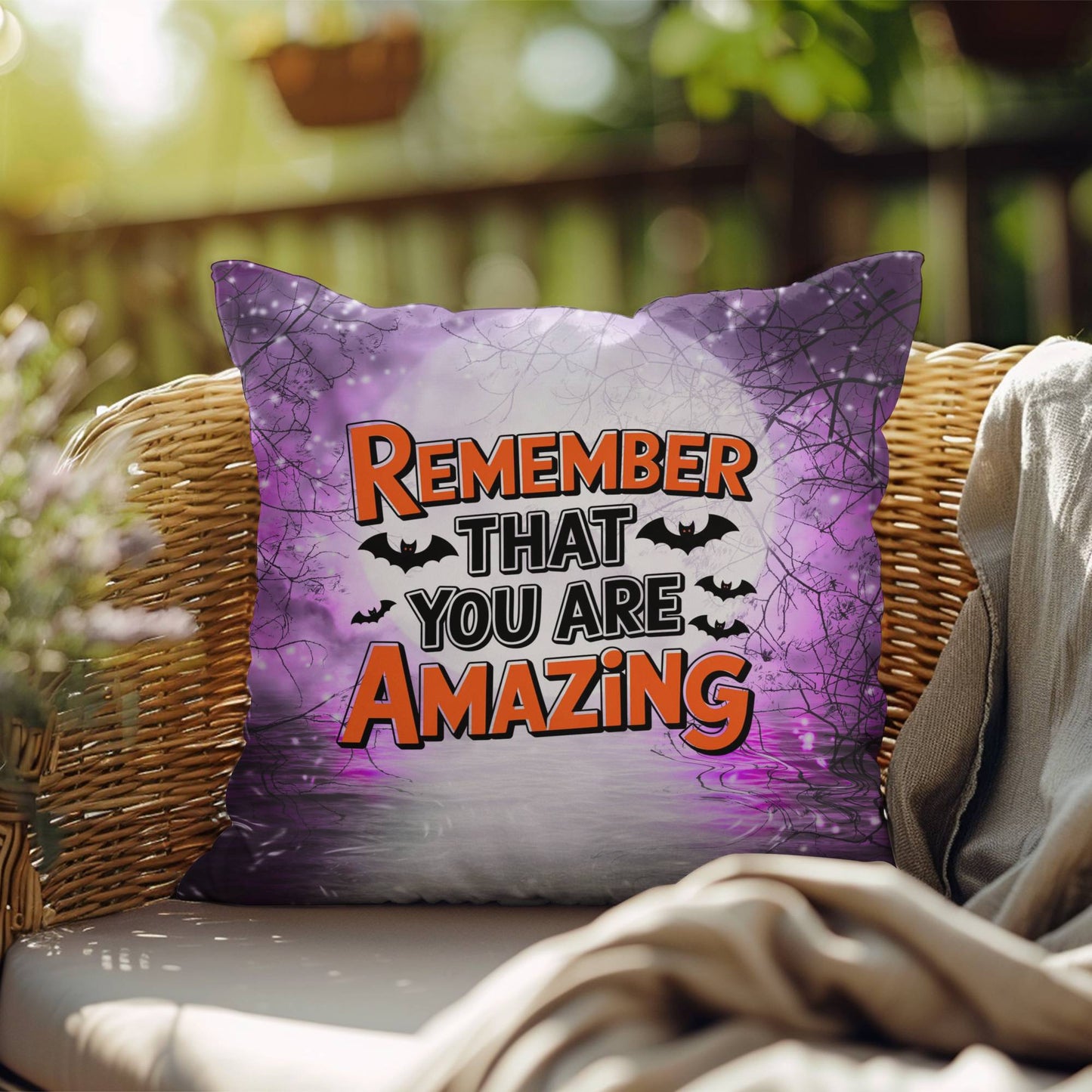 Indoor/outdoor pillow with “Remember That You Are Amazing” for positivity and encouragement