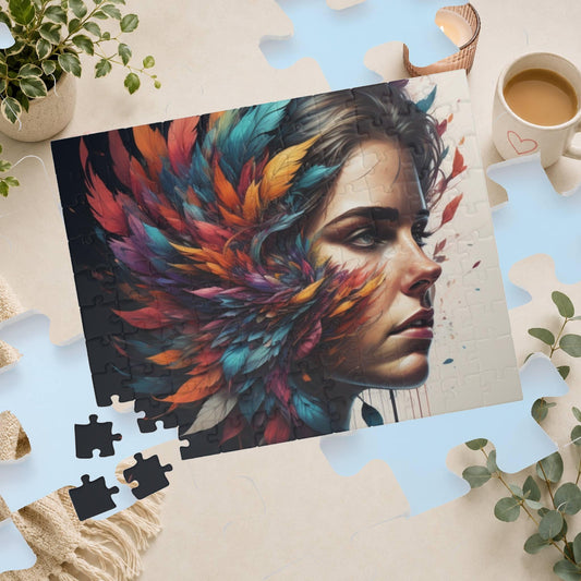 Resilience Palette - Woman's Portrait Puzzle with Colorful Feathers Exploding from Dark Background