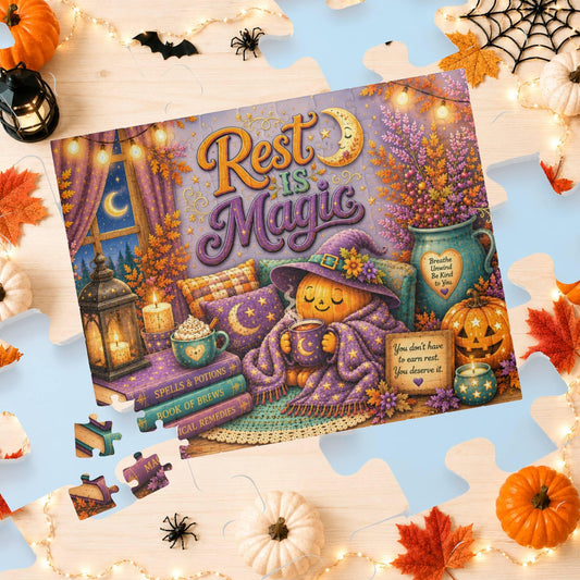 Rest Is Magic Halloween puzzle featuring cozy pumpkin, moon mug, magic books, and self care sign