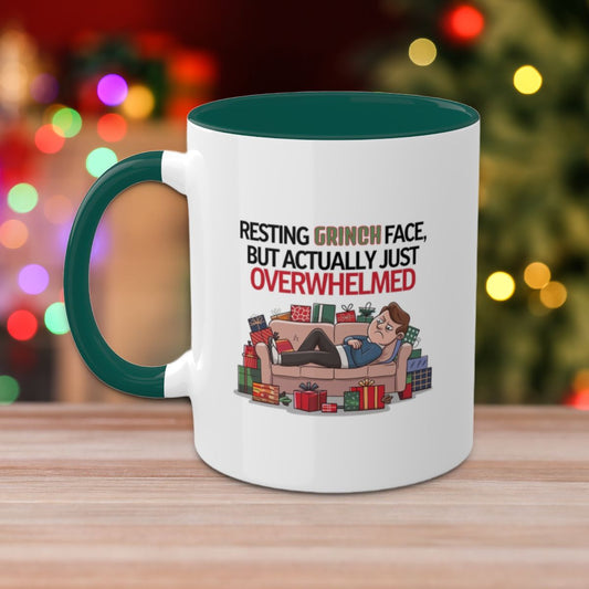 Resting Grinch Face, But Actually Just Overwhelmed: Colorful Christmas Mugs, Funny Mental Health Mug, Anxiety Humor Coffee Cup, Holiday Self-Care Gift, Festive Stocking Stuffer
