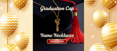 Graduation cap with gold necklace and red tassel, promotional text for 'Graduation Cap Name Necklaces'.