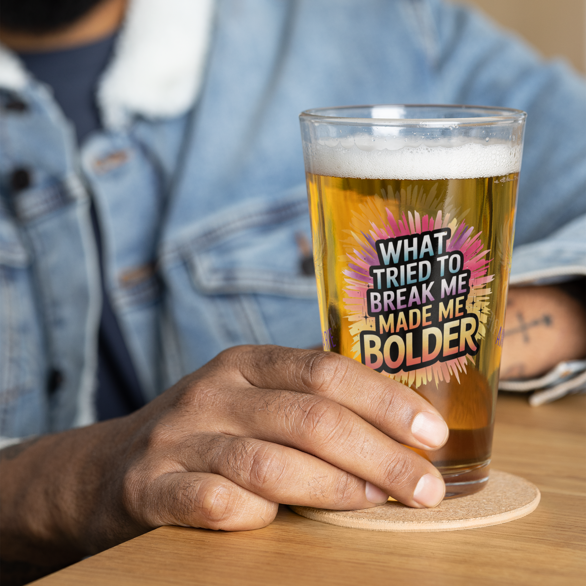 What Tried to Break Me Made Me Bolder pint glass, survivor strength quote, empowerment awareness design