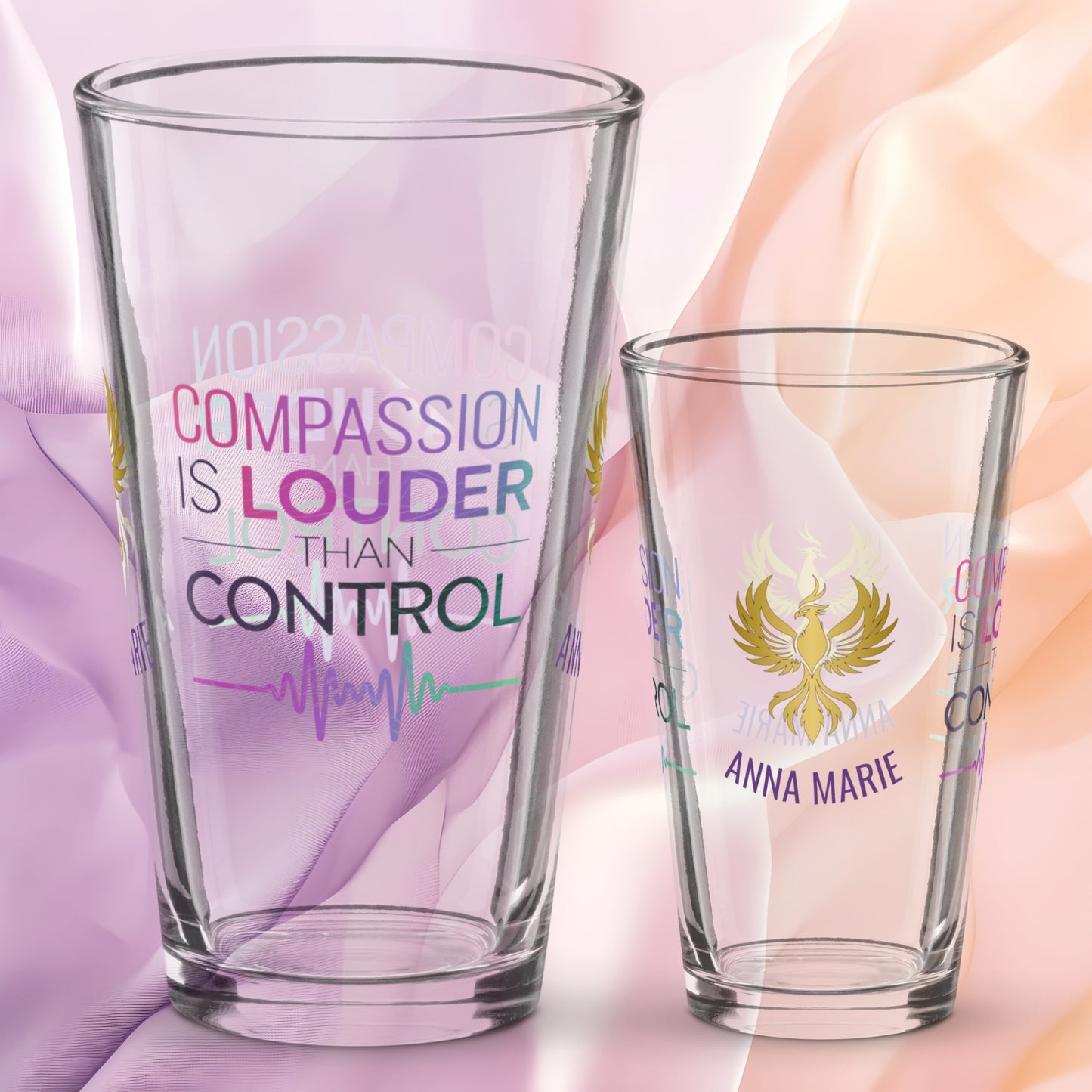 Compassion Is Louder Than Control pint glass, mental health awareness gift, supportive survivor drinkware