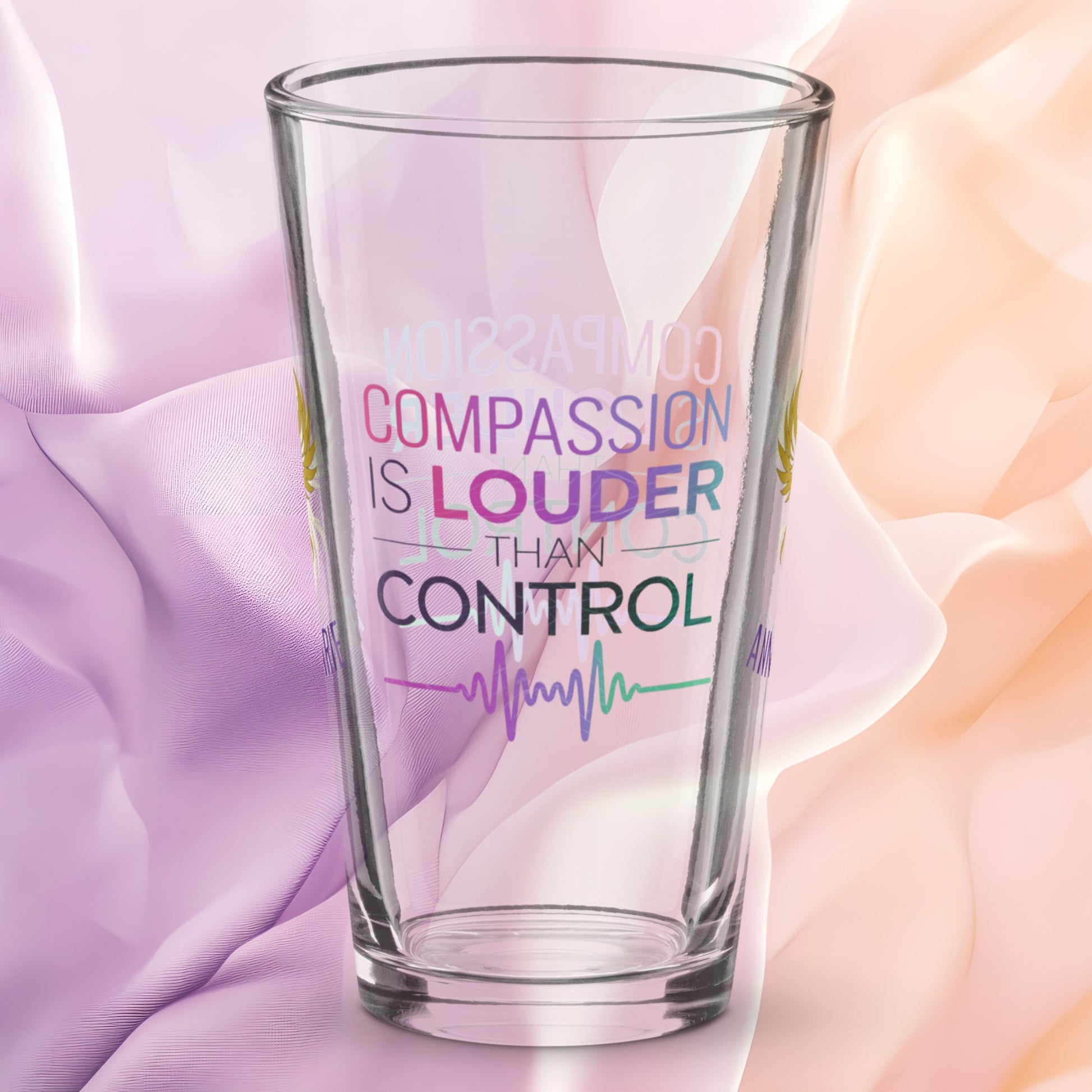 Compassion Is Louder Than Control pint glass, mental health awareness gift, supportive survivor drinkware