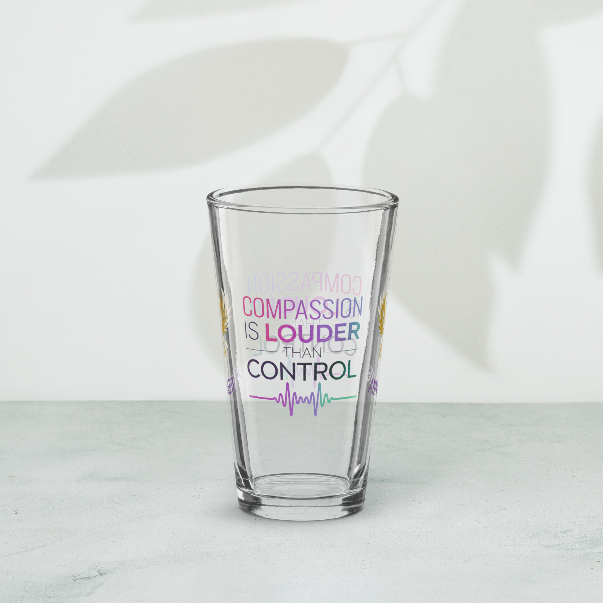 Compassion Is Louder Than Control pint glass, mental health awareness gift, supportive survivor drinkware