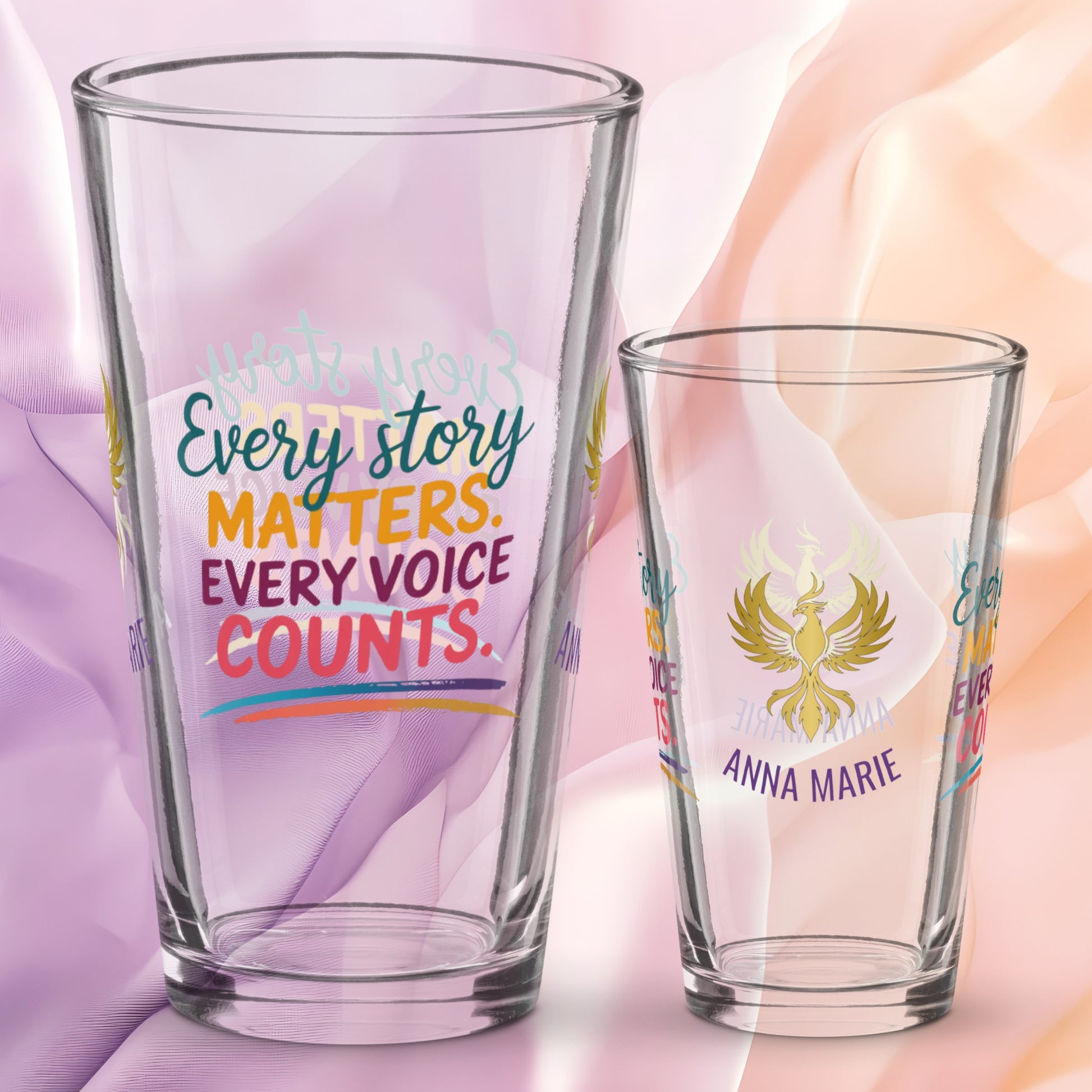 Every Story Matters Every Voice Counts pint glass, domestic violence awareness design, survivor empowerment