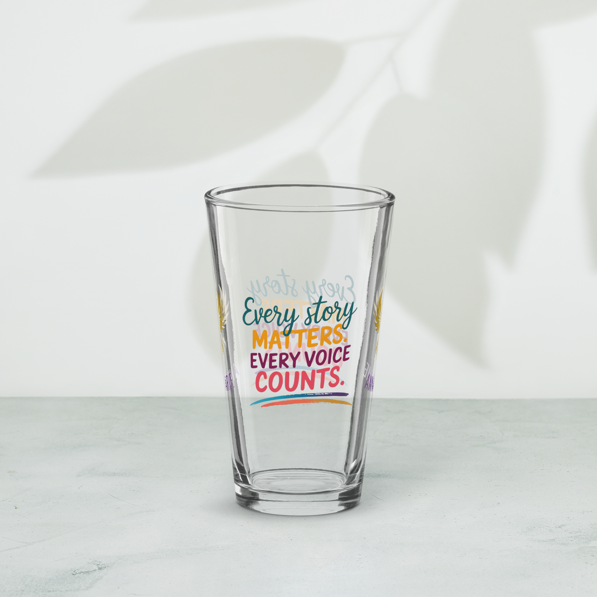 Every Story Matters Every Voice Counts pint glass, domestic violence awareness design, survivor empowerment