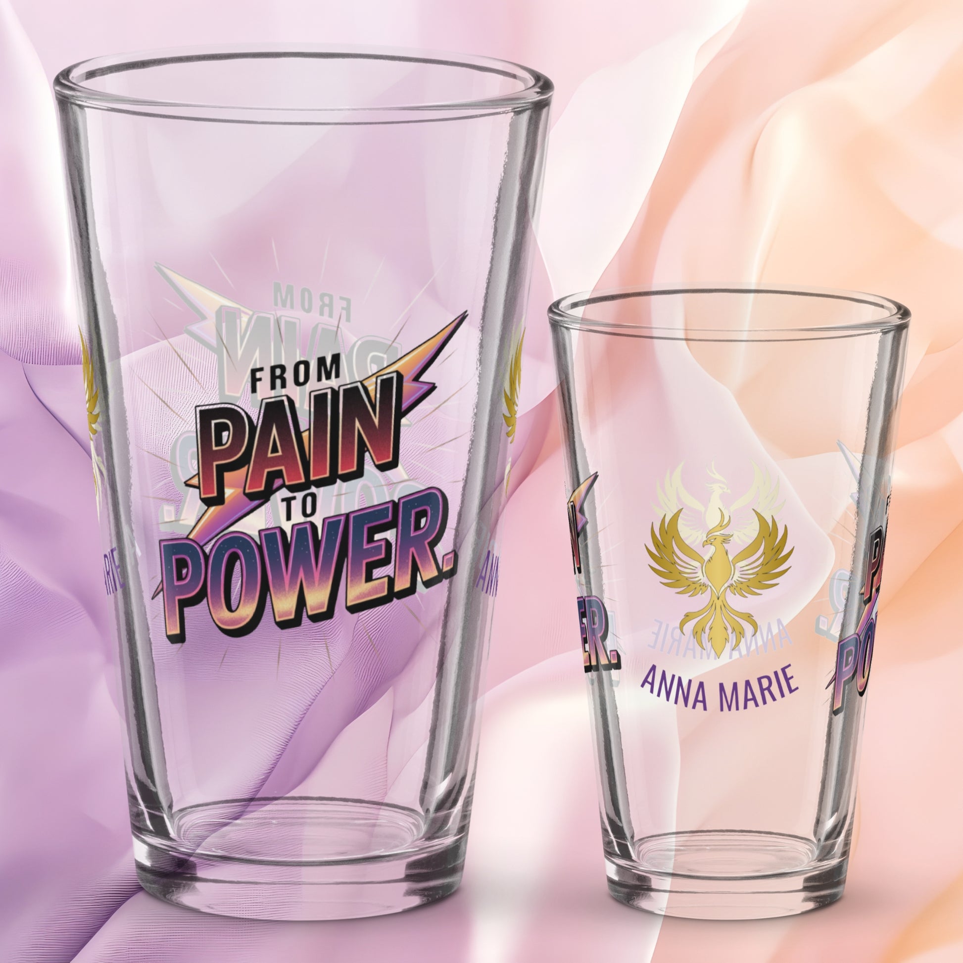 From Pain to Power pint glass, inspirational quote glass for survivors, empowerment awareness drinkware