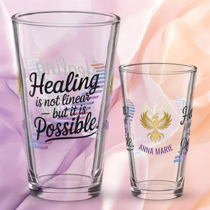 Healing Is Not Linear But It Is Possible pint glass, PTSD recovery support gift, trauma awareness glass