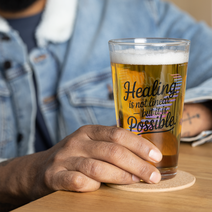 Healing Is Not Linear But It Is Possible pint glass, PTSD recovery support gift, trauma awareness glass