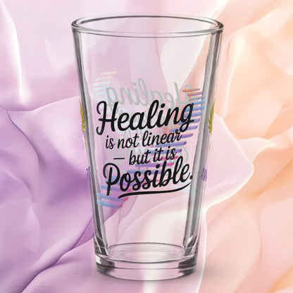 Healing Is Not Linear But It Is Possible pint glass, PTSD recovery support gift, trauma awareness glass