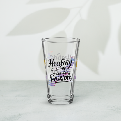 Healing Is Not Linear But It Is Possible pint glass, PTSD recovery support gift, trauma awareness glass