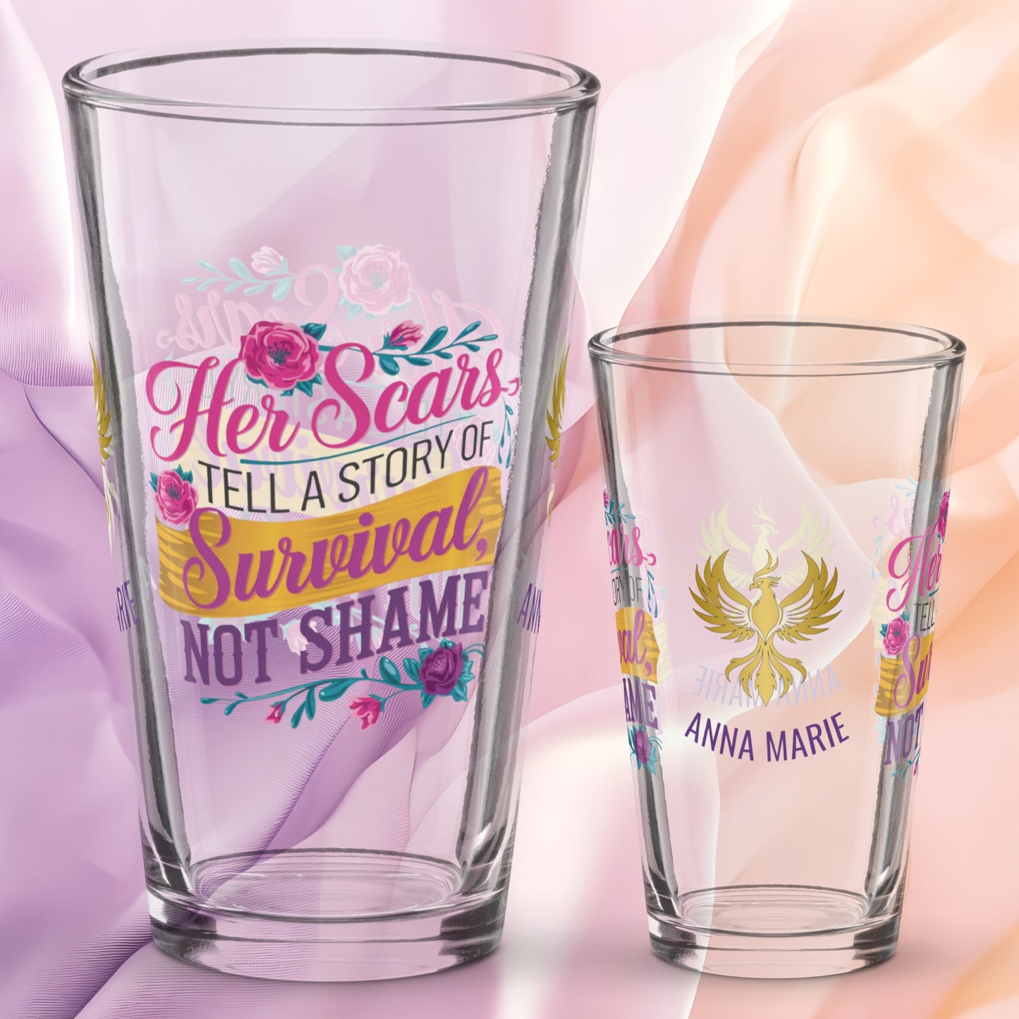 Her Scars Tell a Story of Survival Not Shame pint glass, powerful survivor quote, empowerment drinkware