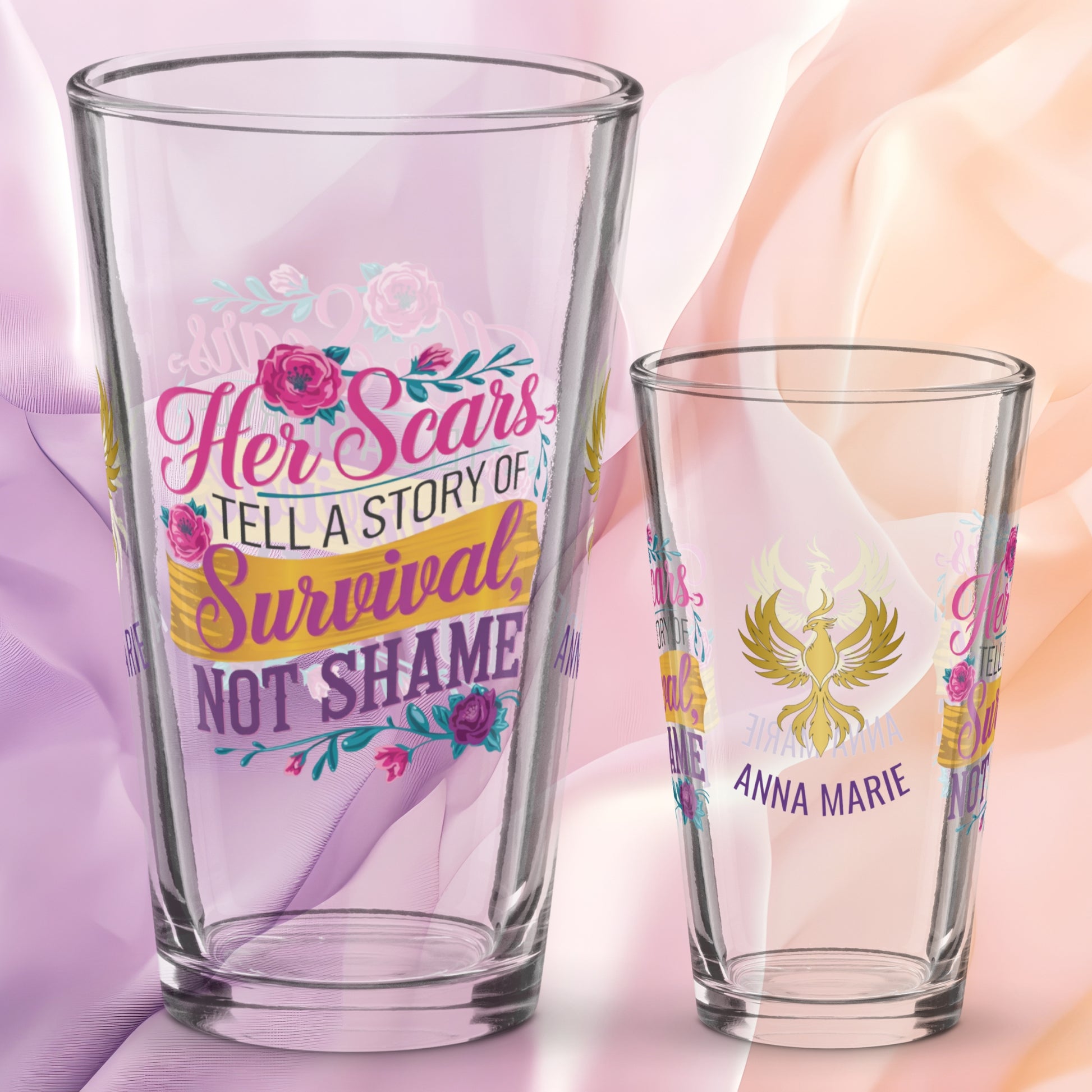 Her Scars Tell a Story of Survival Not Shame pint glass, powerful survivor quote, empowerment drinkware