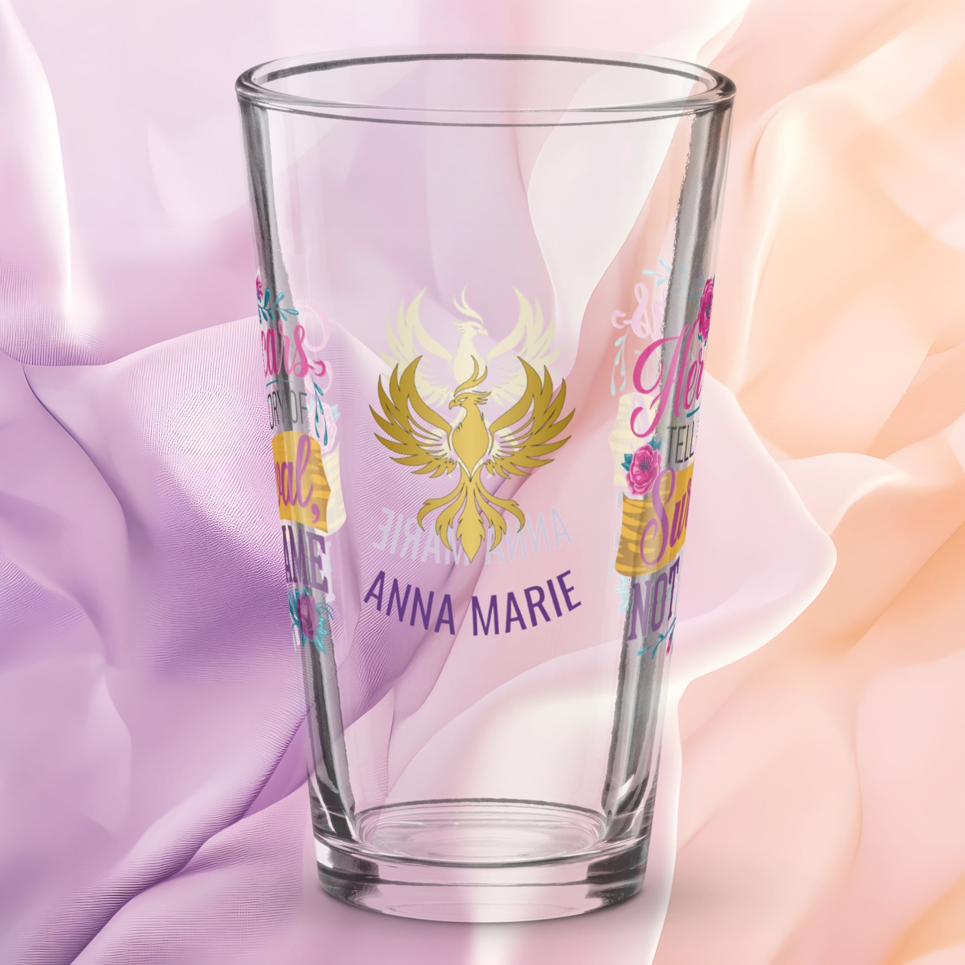 Her Scars Tell a Story of Survival Not Shame pint glass, powerful survivor quote, empowerment drinkware