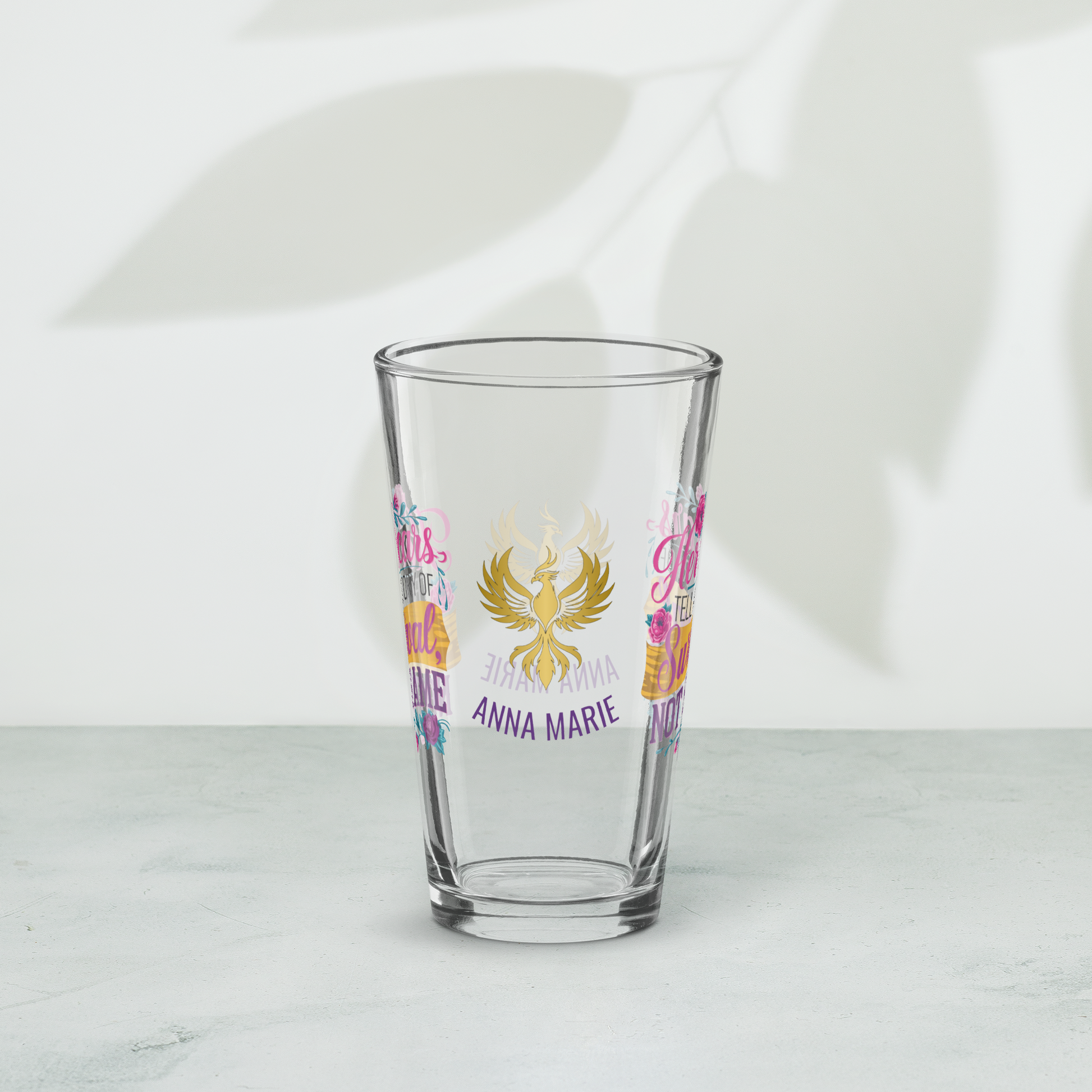 Her Scars Tell a Story of Survival Not Shame pint glass, powerful survivor quote, empowerment drinkware