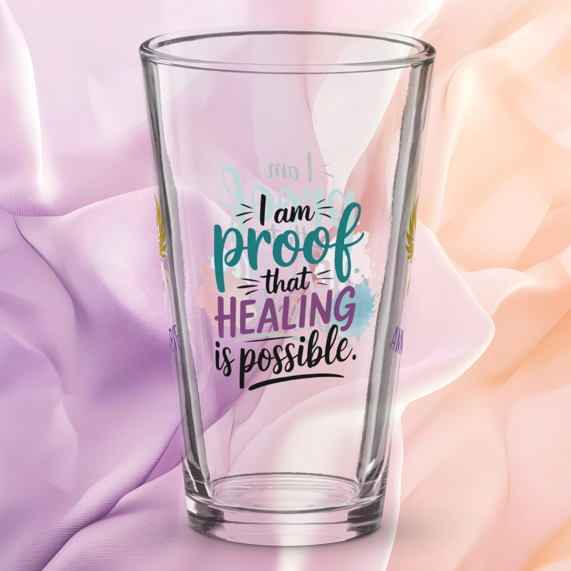 I Am Proof That Healing Is Possible pint glass, trauma recovery awareness design, survivor empowerment gift
