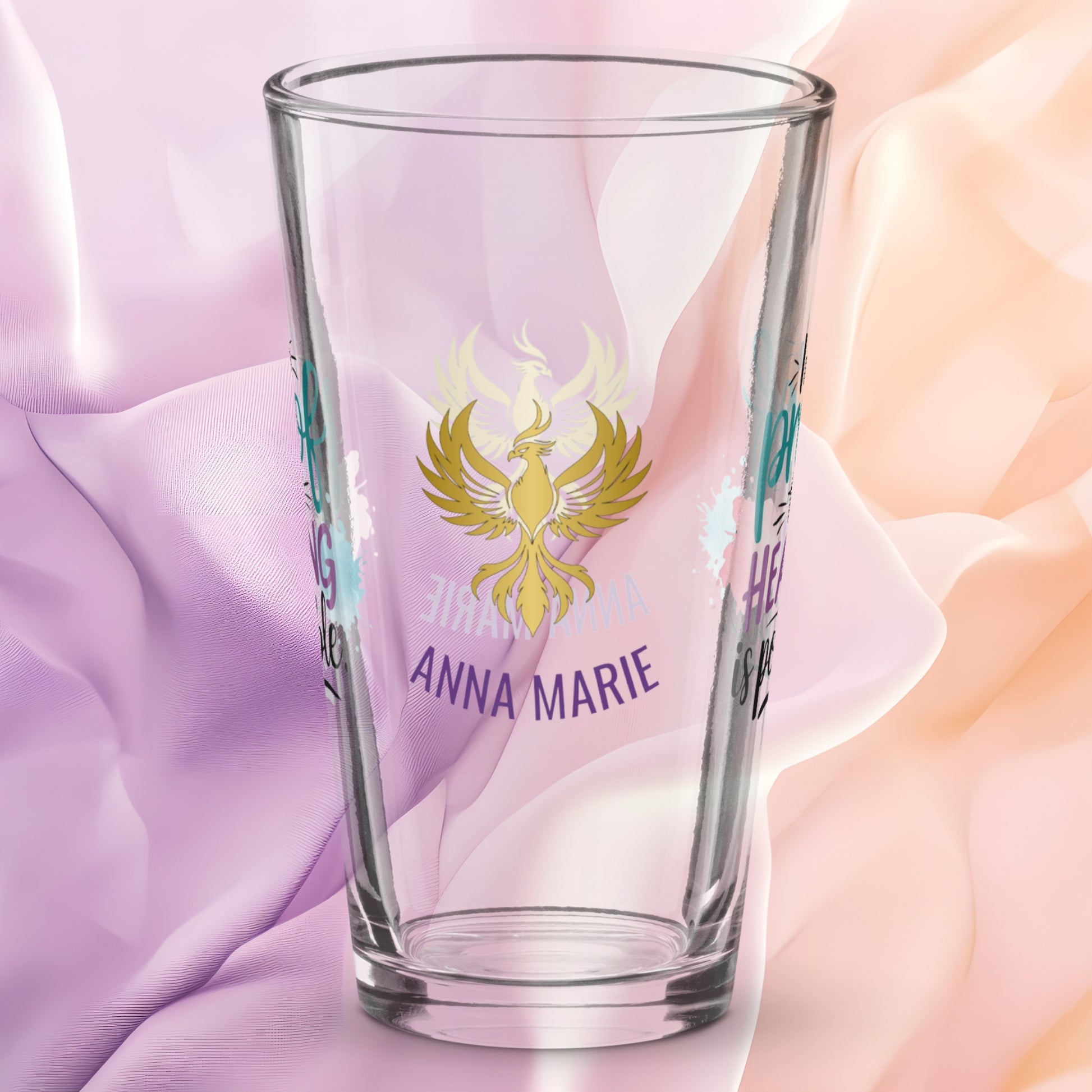 I Am Proof That Healing Is Possible pint glass, trauma recovery awareness design, survivor empowerment gift