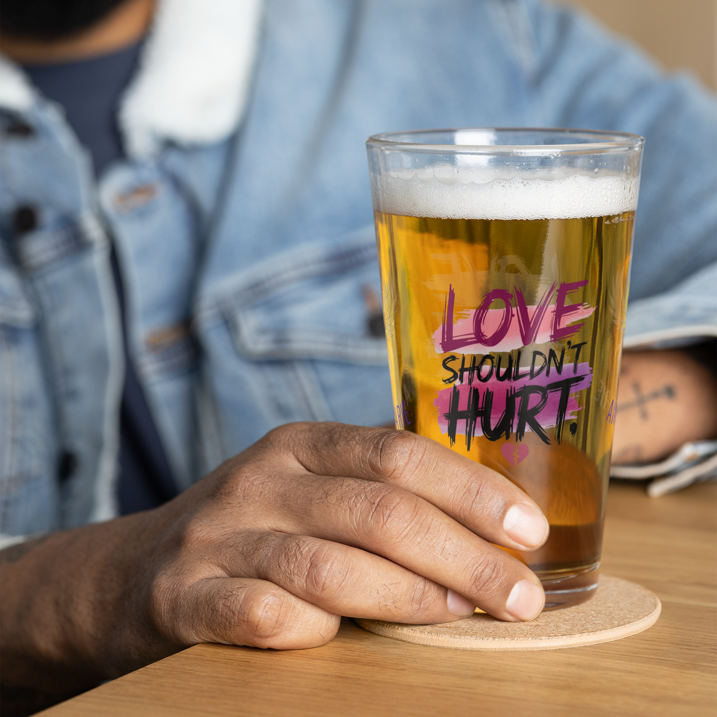 Love Shouldn’t Hurt pint glass, domestic violence awareness quote, empowering survivor gift glass