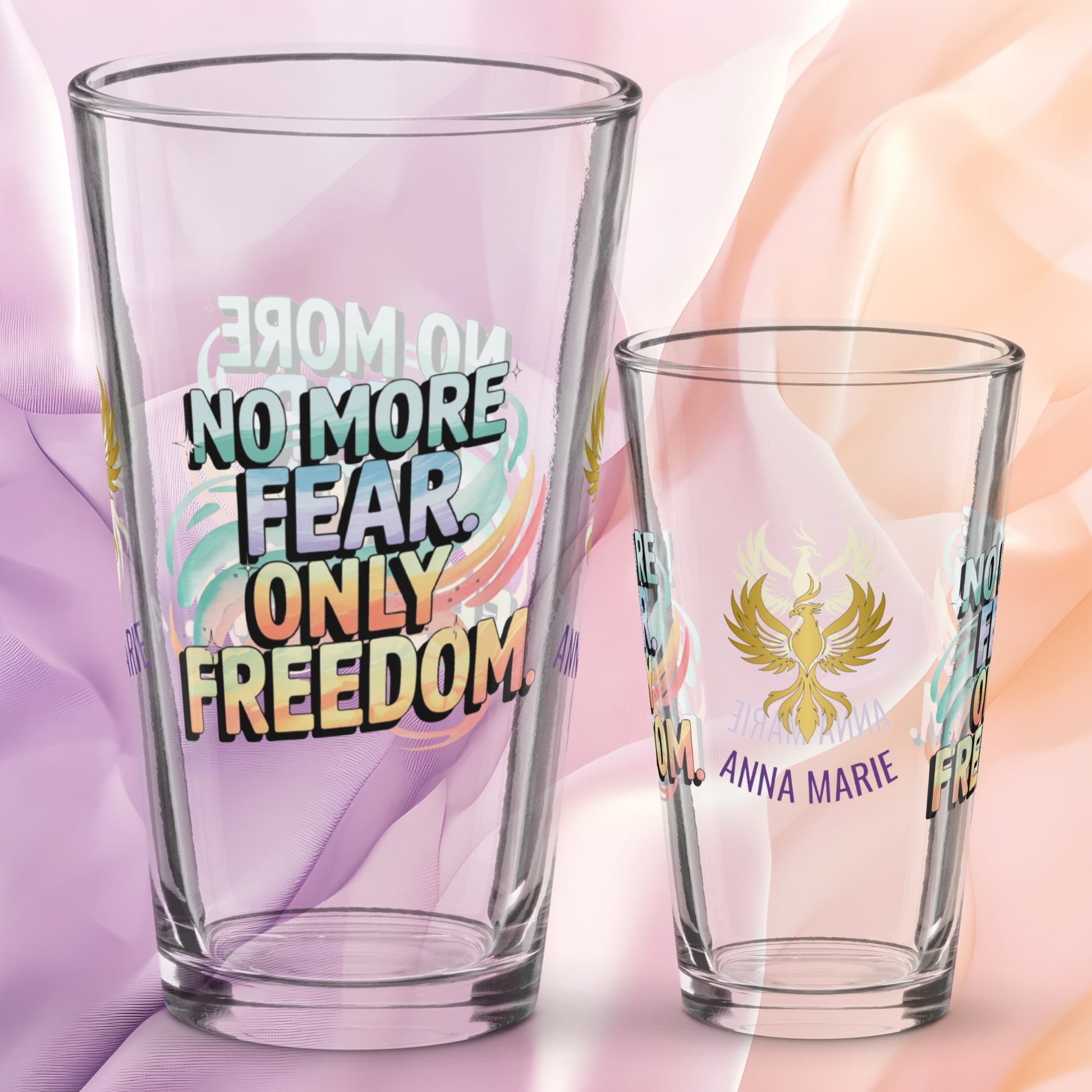 No More Fear Only Freedom pint glass, inspiring abuse recovery message, survivor empowerment design