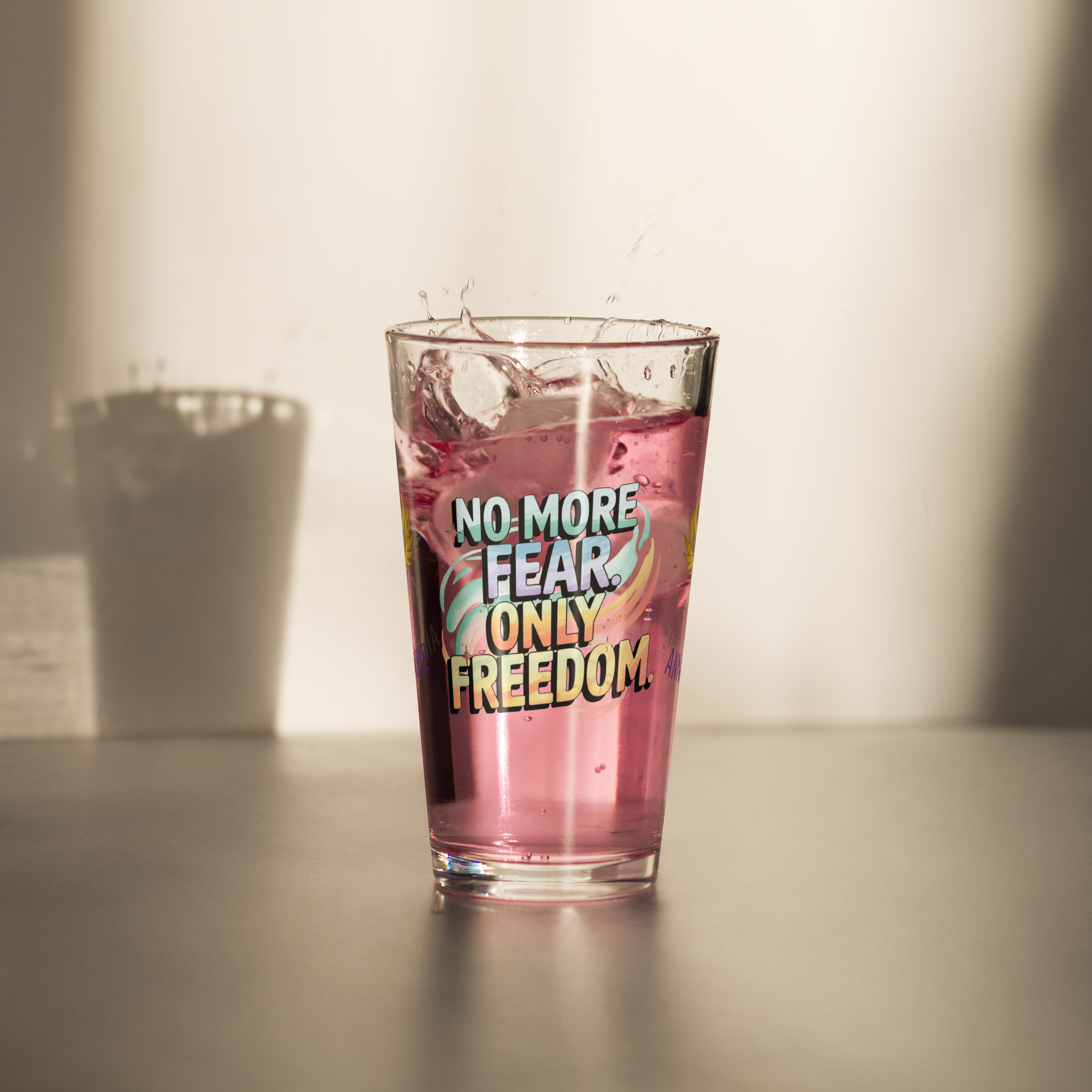 No More Fear Only Freedom pint glass, inspiring abuse recovery message, survivor empowerment design