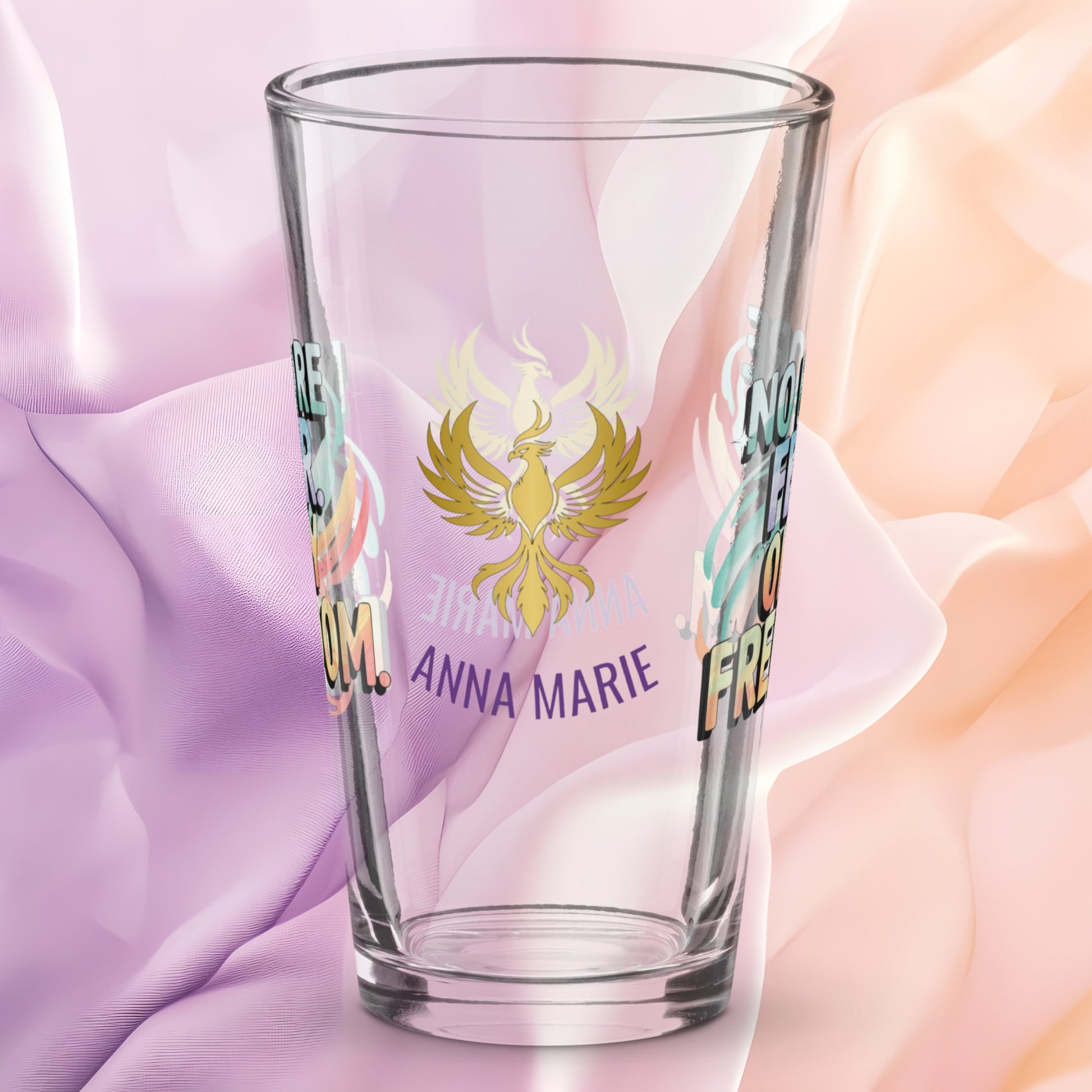 No More Fear Only Freedom pint glass, inspiring abuse recovery message, survivor empowerment design