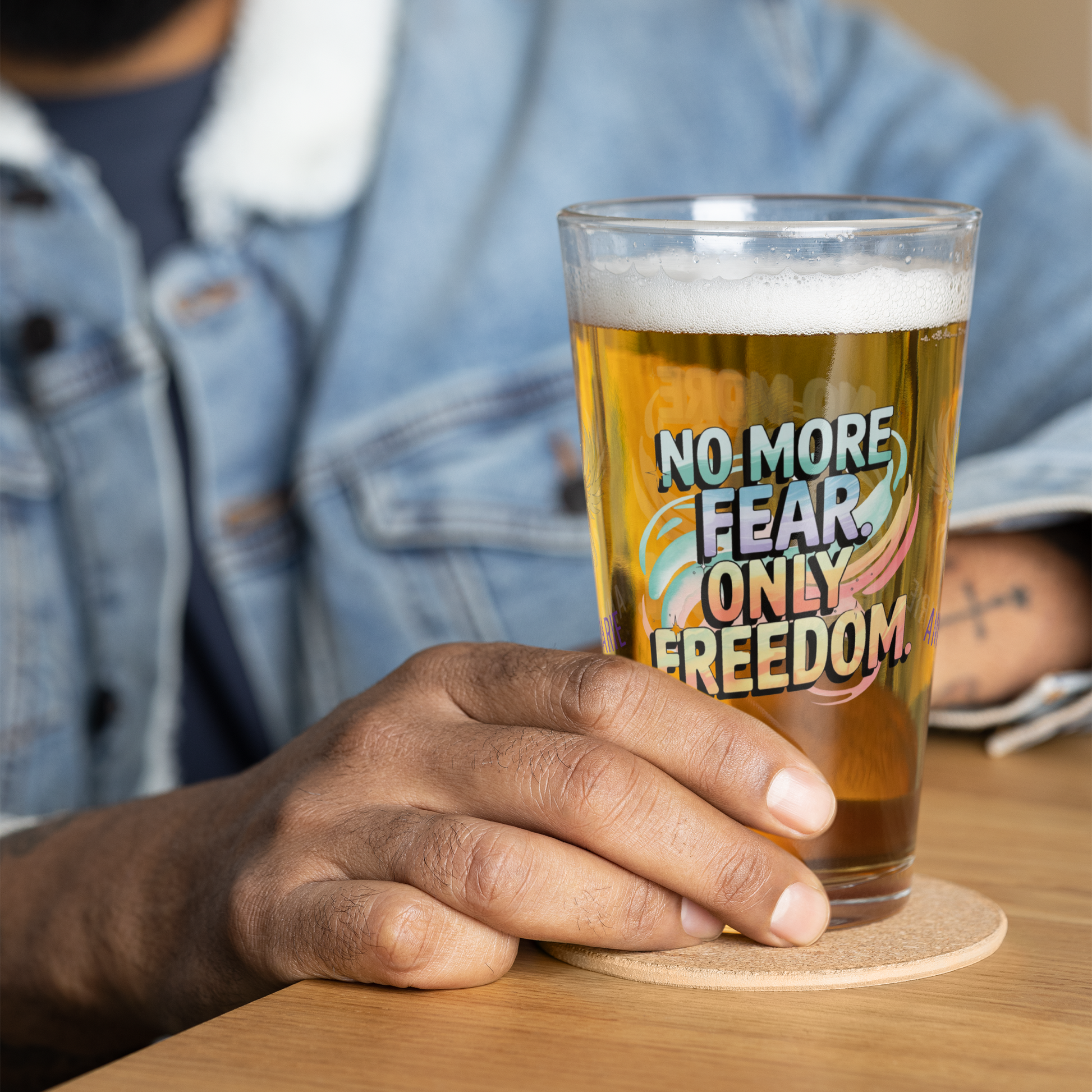 No More Fear Only Freedom pint glass, inspiring abuse recovery message, survivor empowerment design