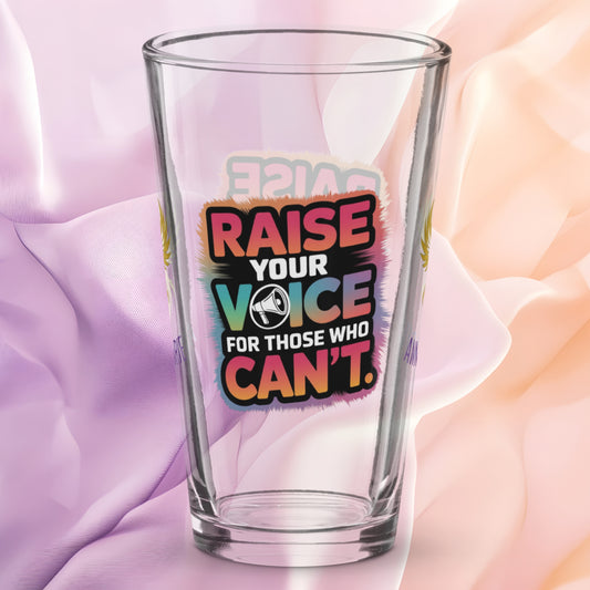 Raise Your Voice for Those Who Can't pint glass, survivor support awareness glass, empowerment message