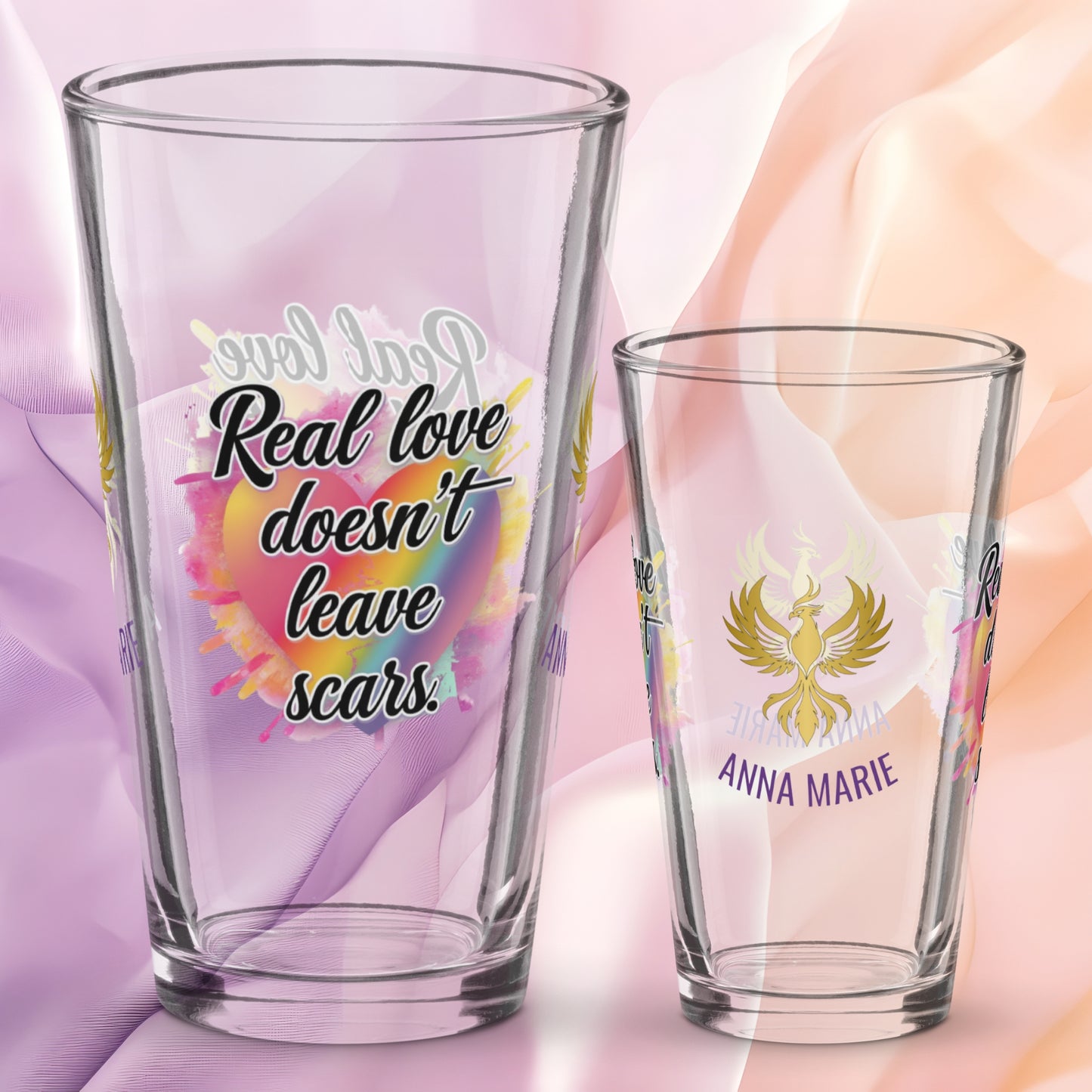 Real Love Doesn’t Leave Scars pint glass, domestic violence advocacy drinkware, survivor empowerment quote