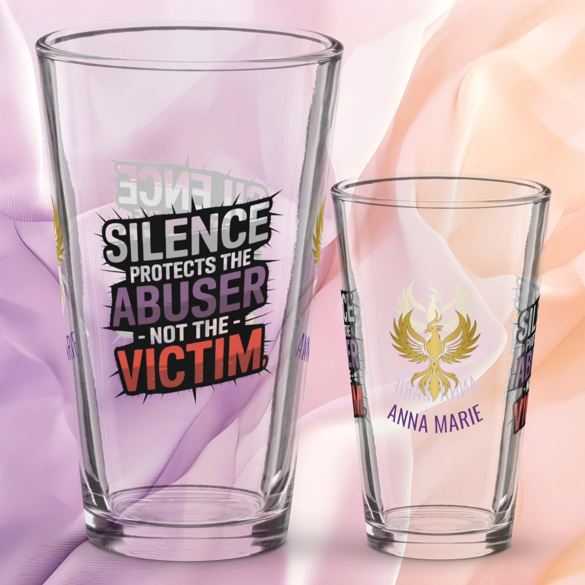 Silence Protects the Abuser Not the Victim pint glass, speak out awareness design, survivor empowerment glass