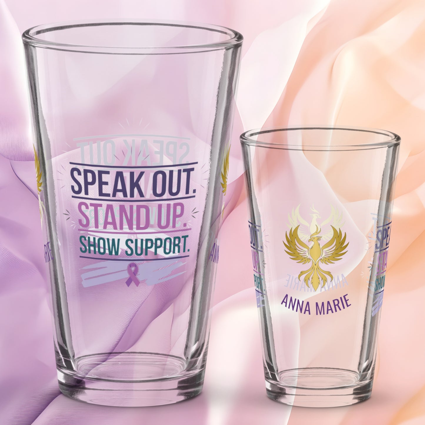 Speak Out Stand Up Show Support pint glass, domestic violence advocacy gift, awareness empowerment design