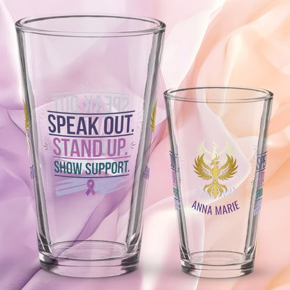 Speak Out Stand Up Show Support pint glass, domestic violence advocacy gift, awareness empowerment design