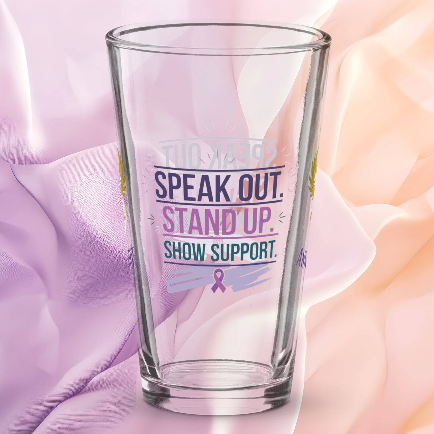 Speak Out Stand Up Show Support pint glass, domestic violence advocacy gift, awareness empowerment design