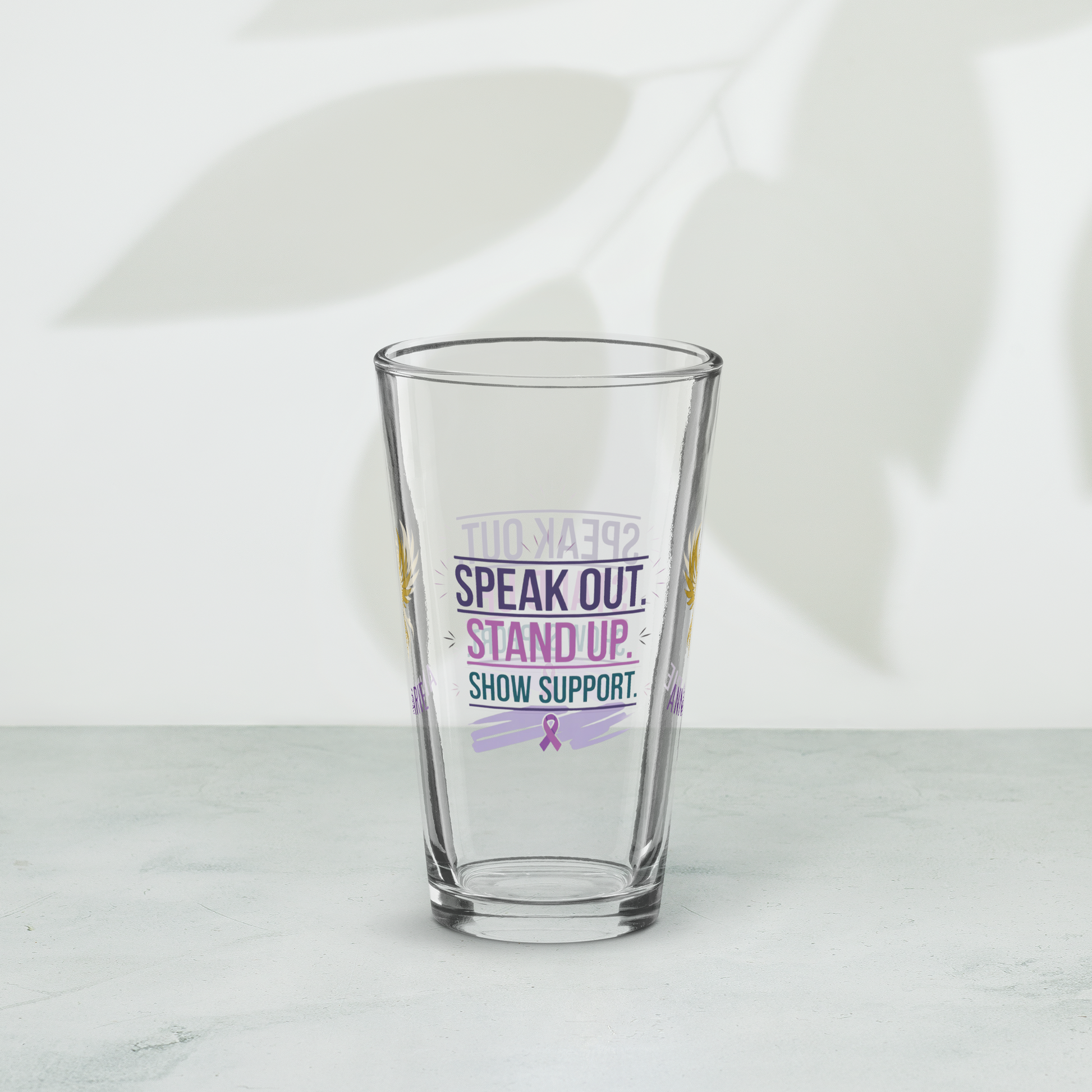 Speak Out Stand Up Show Support pint glass, domestic violence advocacy gift, awareness empowerment design