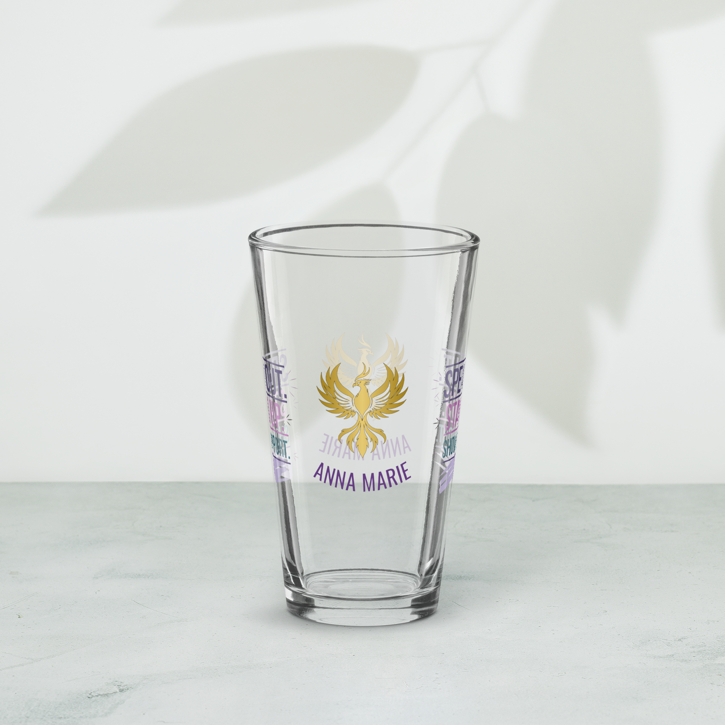 Speak Out Stand Up Show Support pint glass, domestic violence advocacy gift, awareness empowerment design