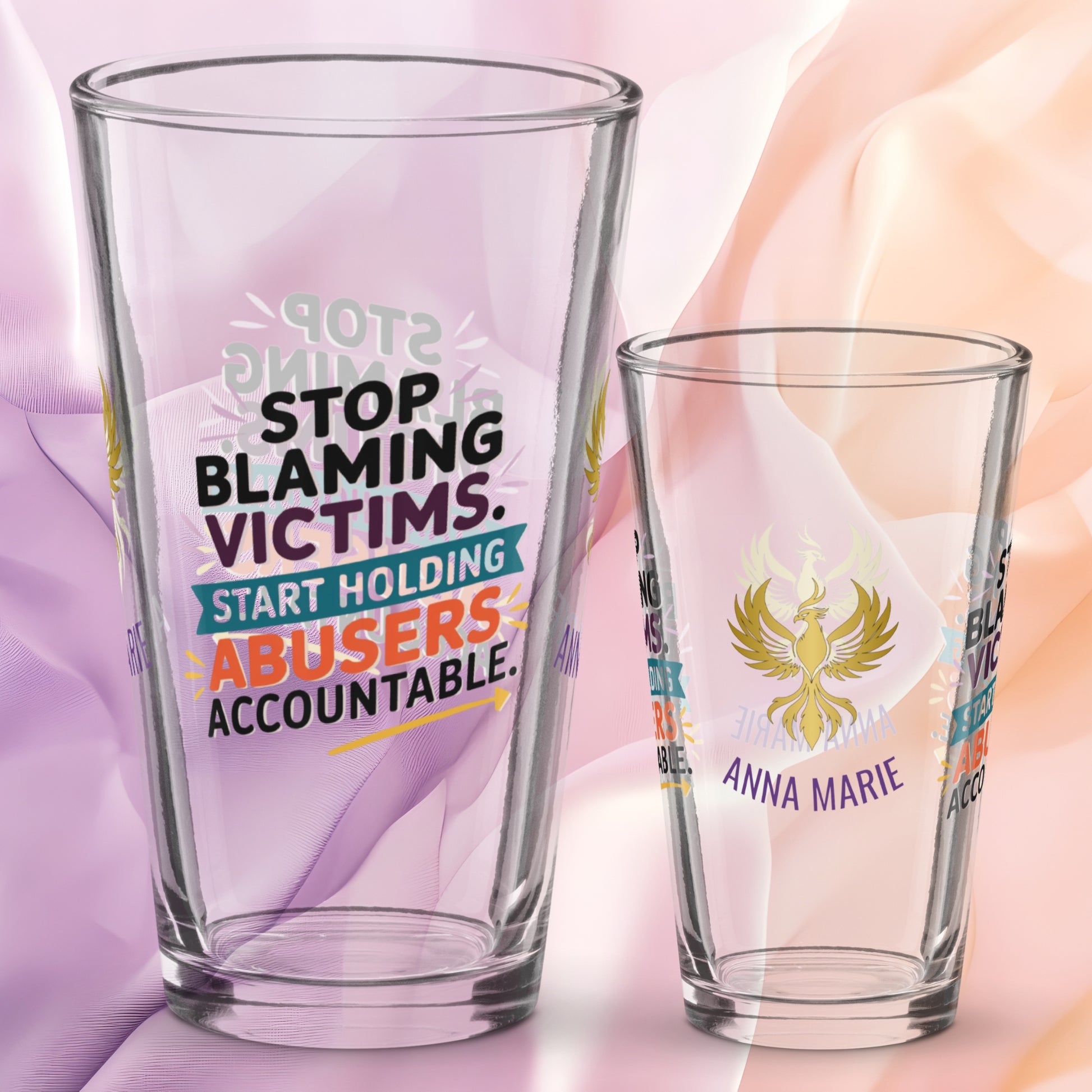 Stop Blaming Victims Start Holding Abusers Accountable pint glass, DV awareness message, advocacy gift