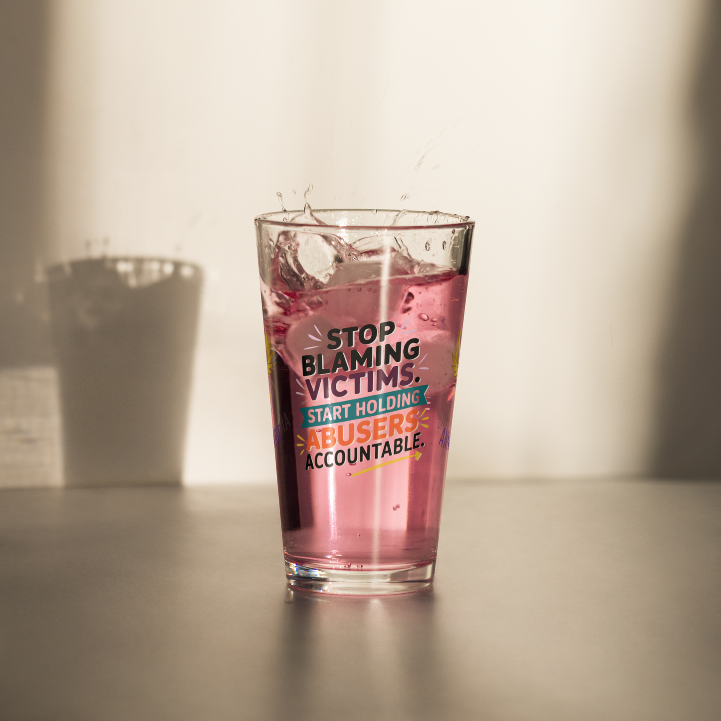 Stop Blaming Victims Start Holding Abusers Accountable pint glass, DV awareness message, advocacy gift
