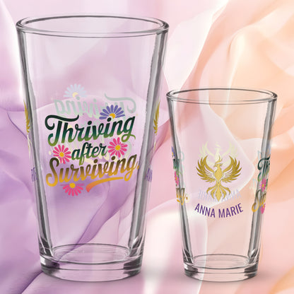 Thriving After Surviving pint glass, PTSD recovery quote, empowerment drinkware for survivors