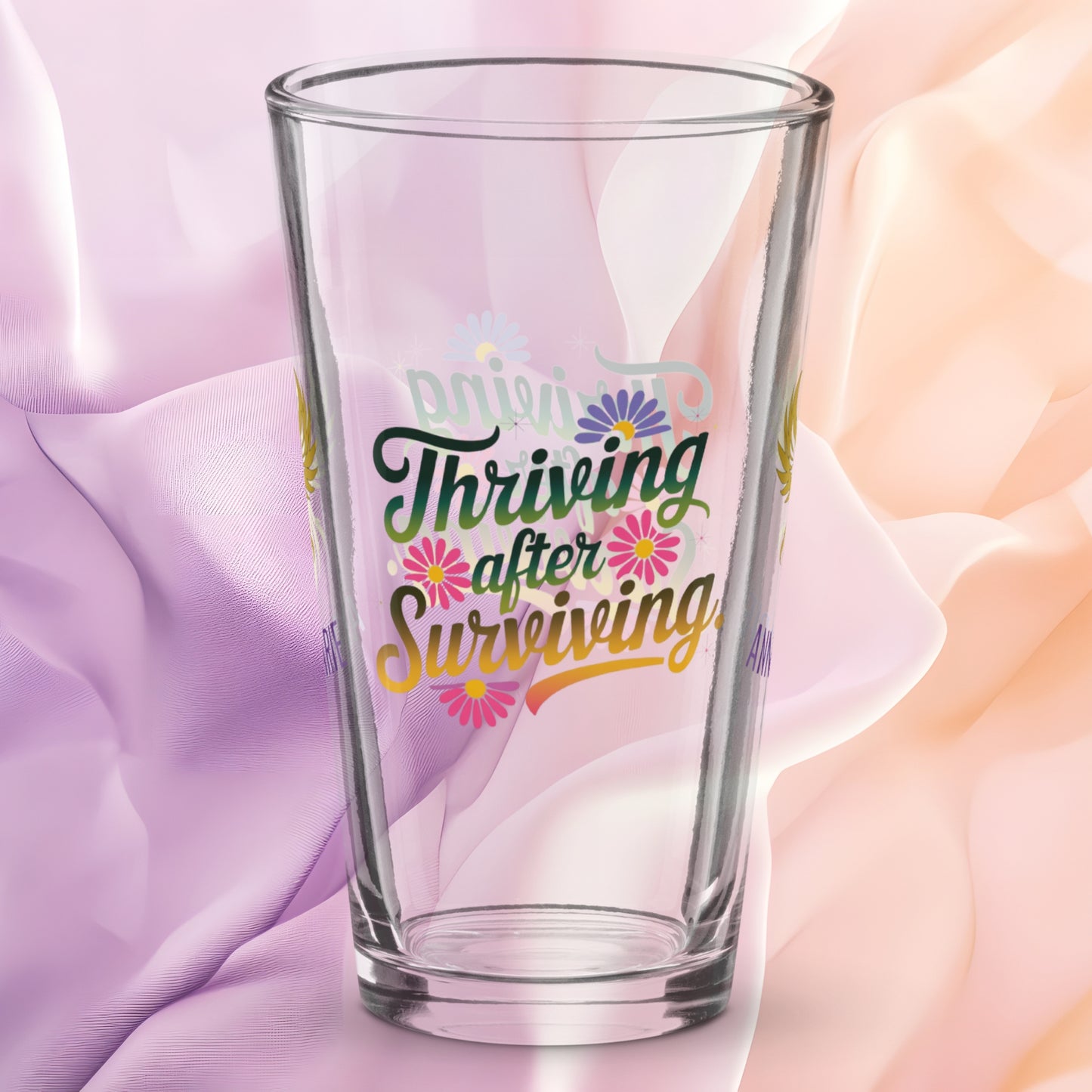 Thriving After Surviving pint glass, PTSD recovery quote, empowerment drinkware for survivors