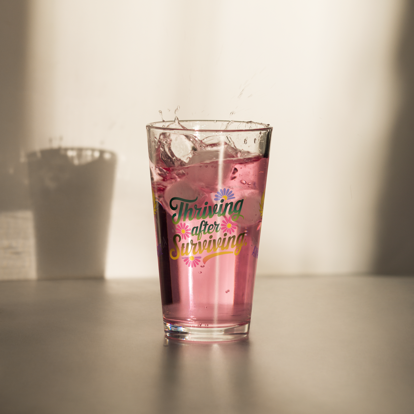 Thriving After Surviving pint glass, PTSD recovery quote, empowerment drinkware for survivors