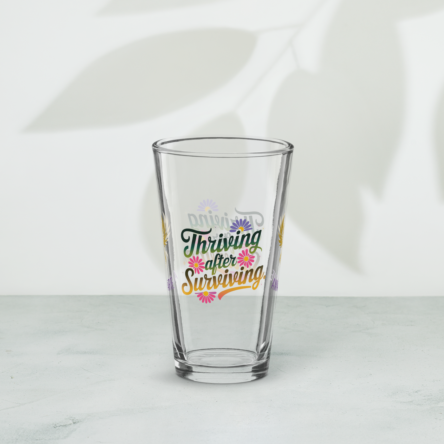 Thriving After Surviving pint glass, PTSD recovery quote, empowerment drinkware for survivors