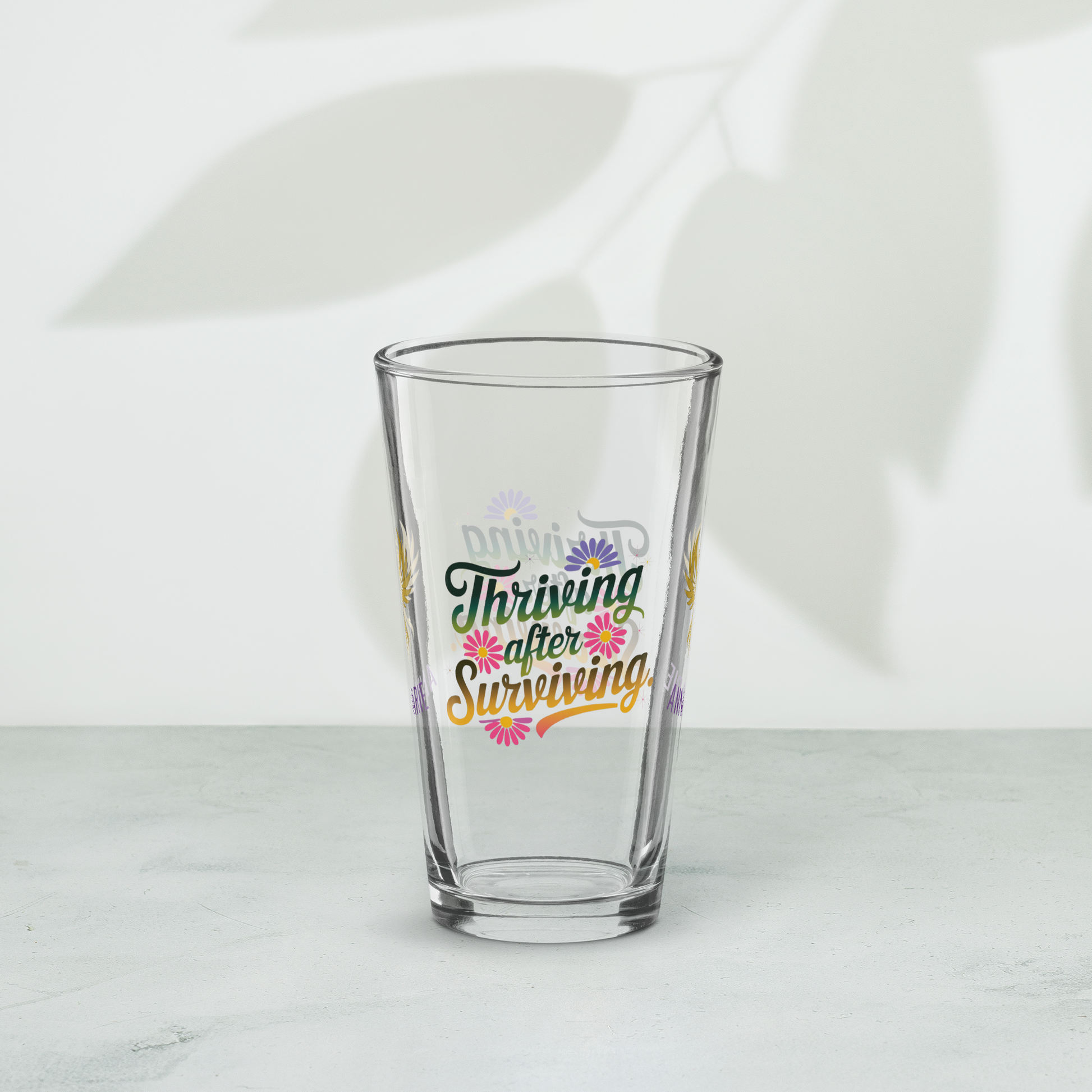 Thriving After Surviving pint glass, PTSD recovery quote, empowerment drinkware for survivors