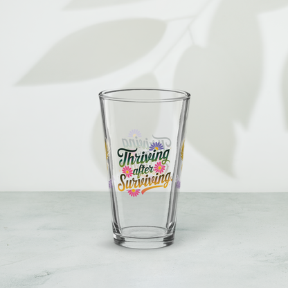 Thriving After Surviving pint glass, PTSD recovery quote, empowerment drinkware for survivors