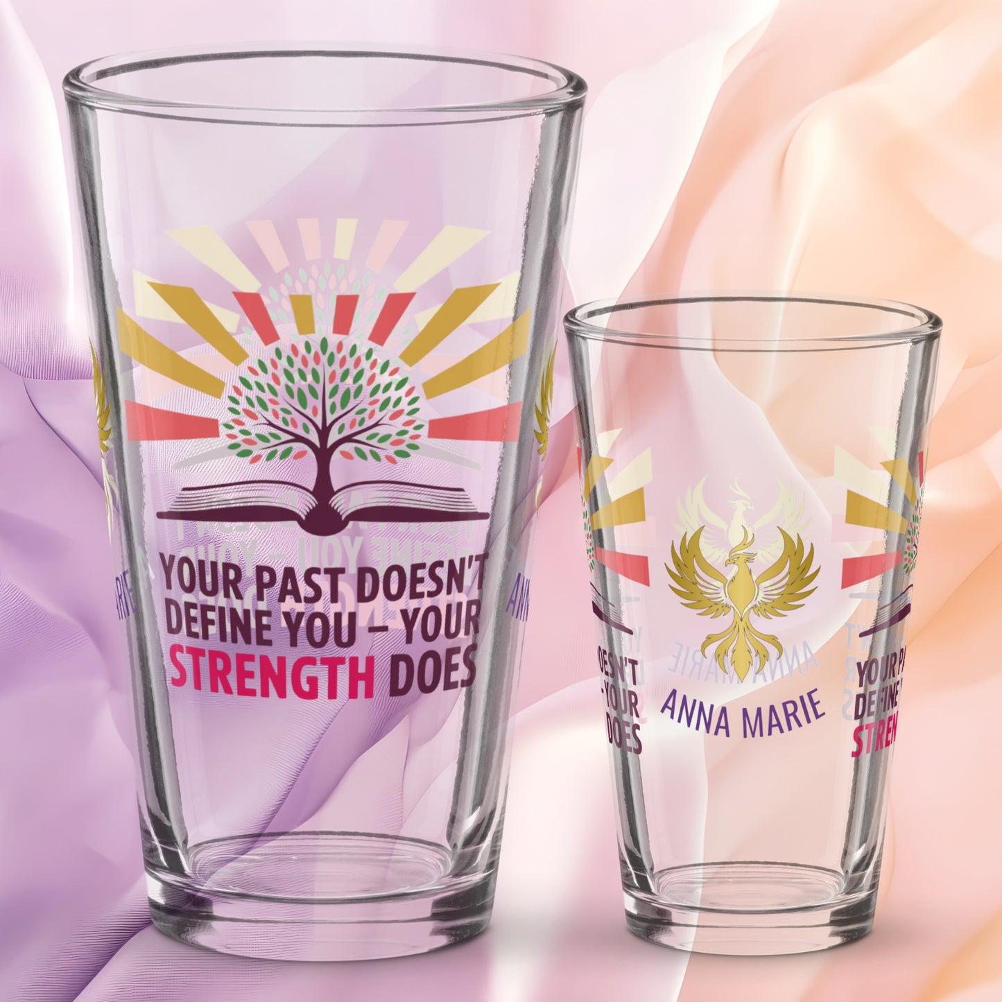 Your Past Doesn’t Define You Your Strength Does pint glass, trauma recovery quote, empowerment drinkware